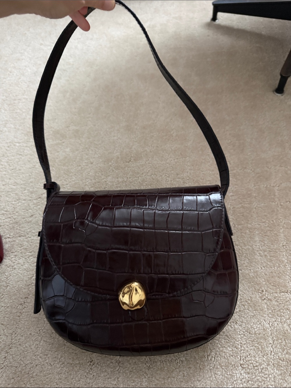 Madewell Croc-Embossed Shoulder Bag in Dark Brown with Gold Clasp